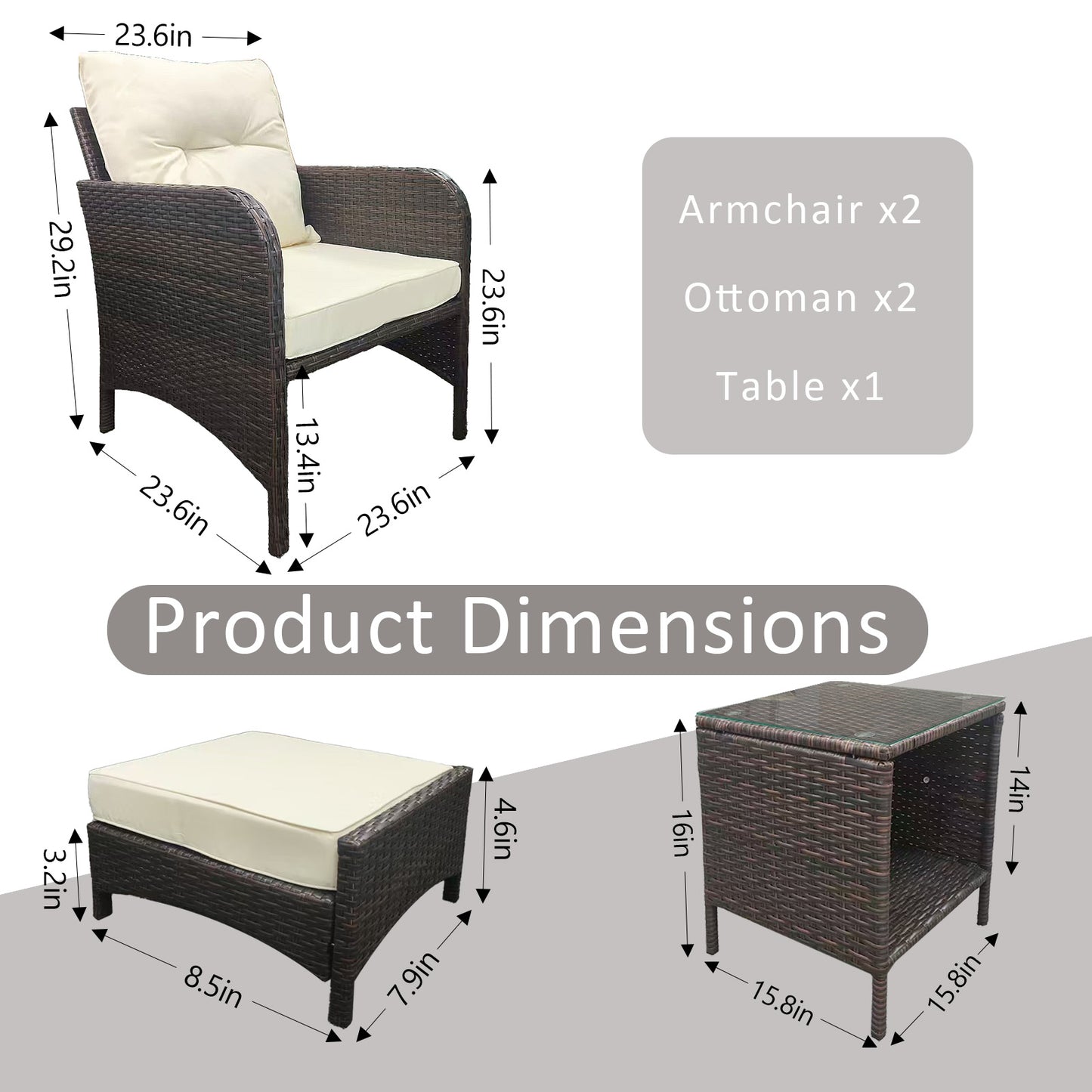 5 Piece Patio Furniture Set, Outdoor Wicker Conversation Set Cushioned Sofa with Ottomans & Coffee Table for Garden/Poolside/Lawn/Backyard/Balcony