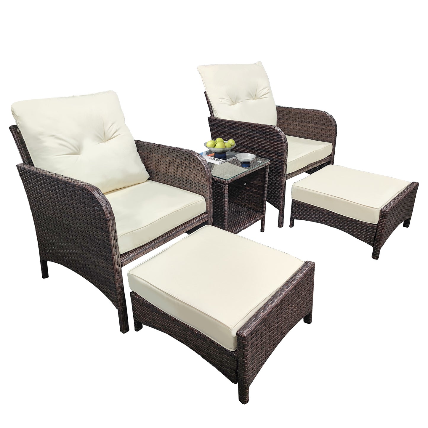 5 Piece Patio Furniture Set, Outdoor Wicker Conversation Set Cushioned Sofa with Ottomans & Coffee Table for Garden/Poolside/Lawn/Backyard/Balcony