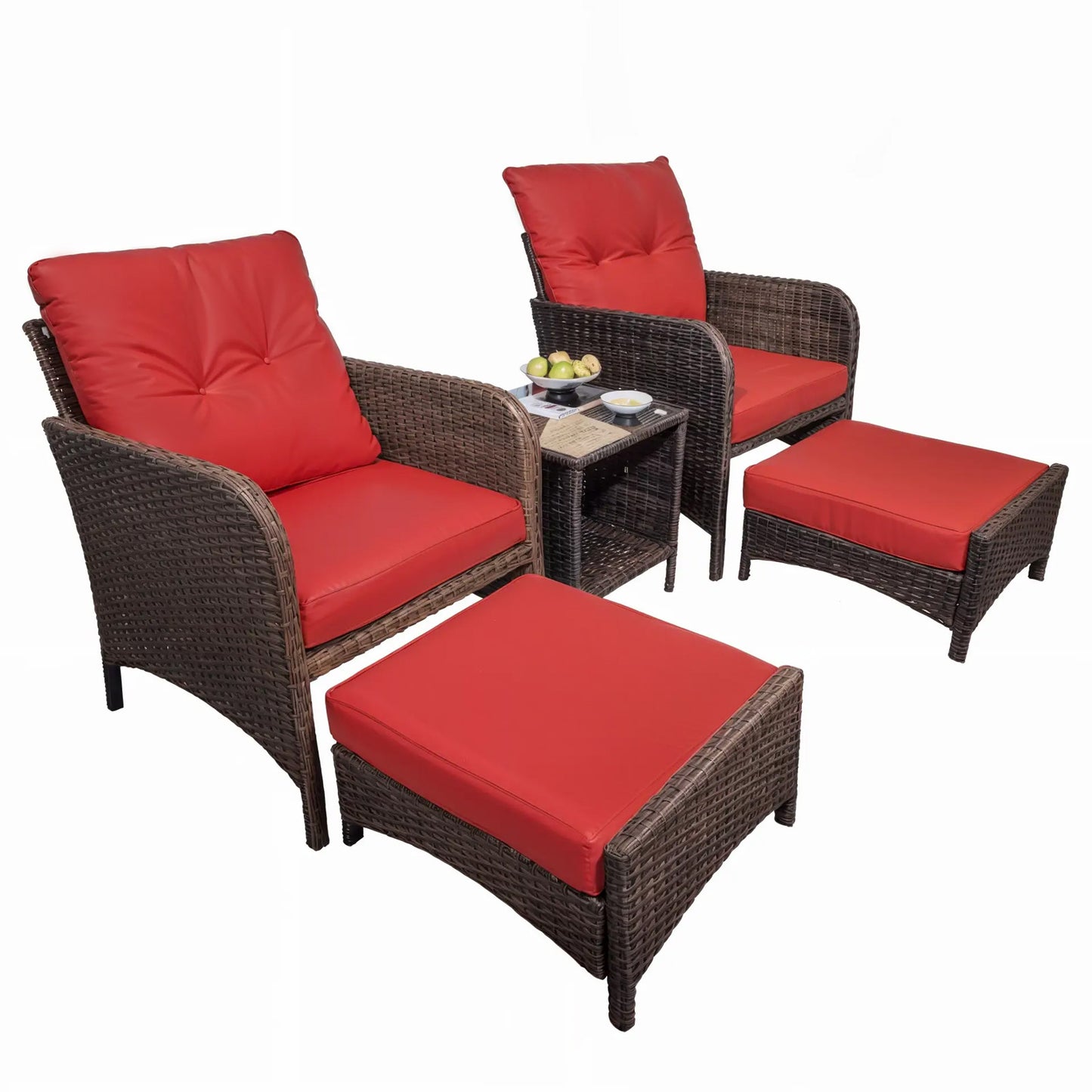 5 Piece Patio Furniture Set, Outdoor Wicker Conversation Set Cushioned Sofa with Ottomans & Coffee Table for Garden/Poolside/Lawn/Backyard/Balcony