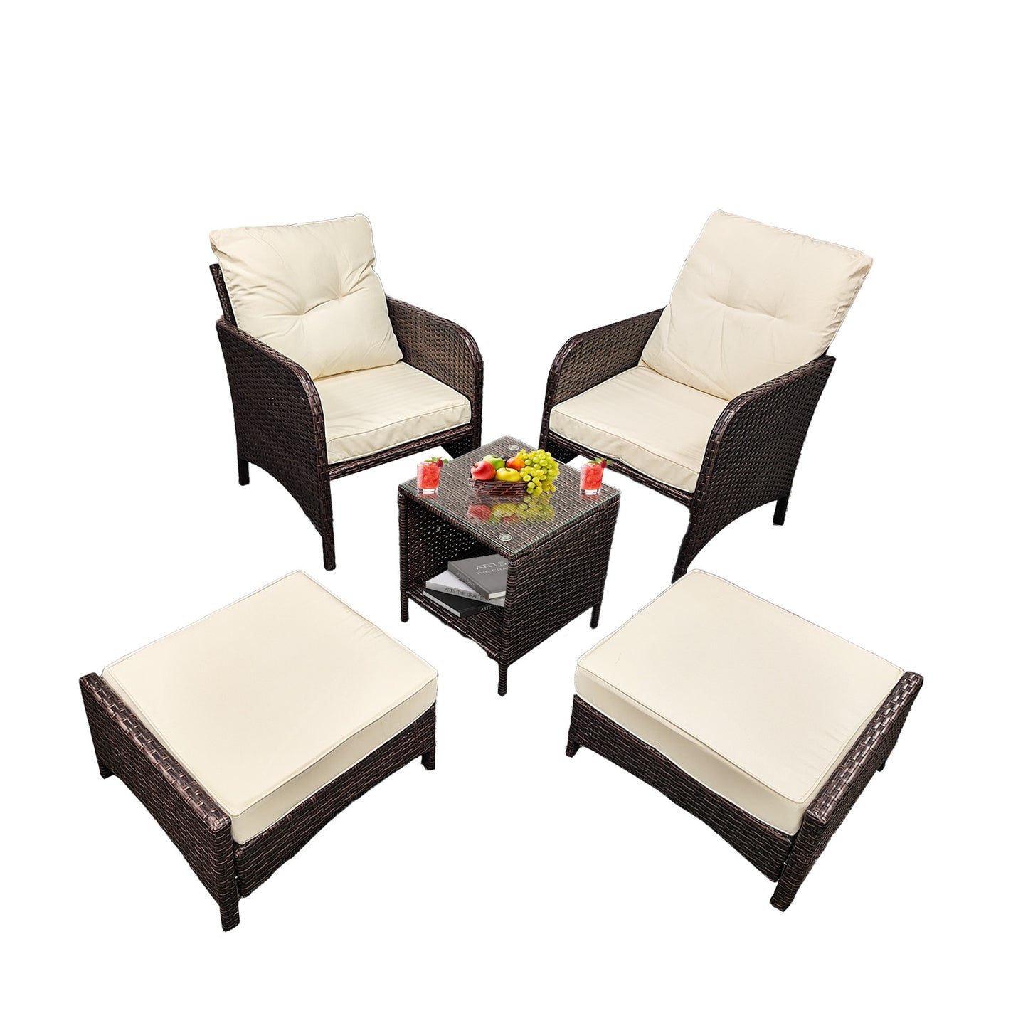 5 Piece Patio Furniture Set, Outdoor Wicker Conversation Set Cushioned Sofa with Ottomans & Coffee Table for Garden/Poolside/Lawn/Backyard/Balcony