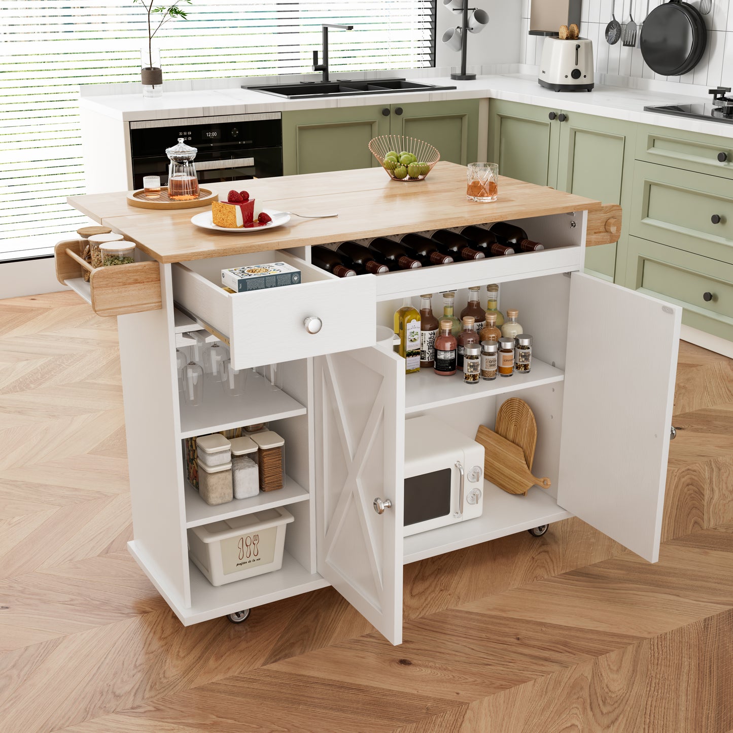 44 Inch Kitchen Island Cart with Solid Wood Top, Wine Storage, Spice Rack, Towel Rack, Wine Glass Holder, Rolling Kitchen Island Table on Wheels, Tool-Free Installation, White & Oak