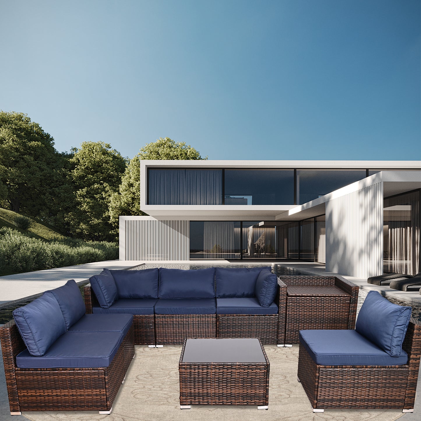 8 Pieces Outdoor Wicker Rattan Patio Furniture Sectional Set, Glass Top Table with Hidden Storage, All Weather Patio Sectional Sofa, PE Wicker Patio Furniture for Outdoor, Porch, Pools