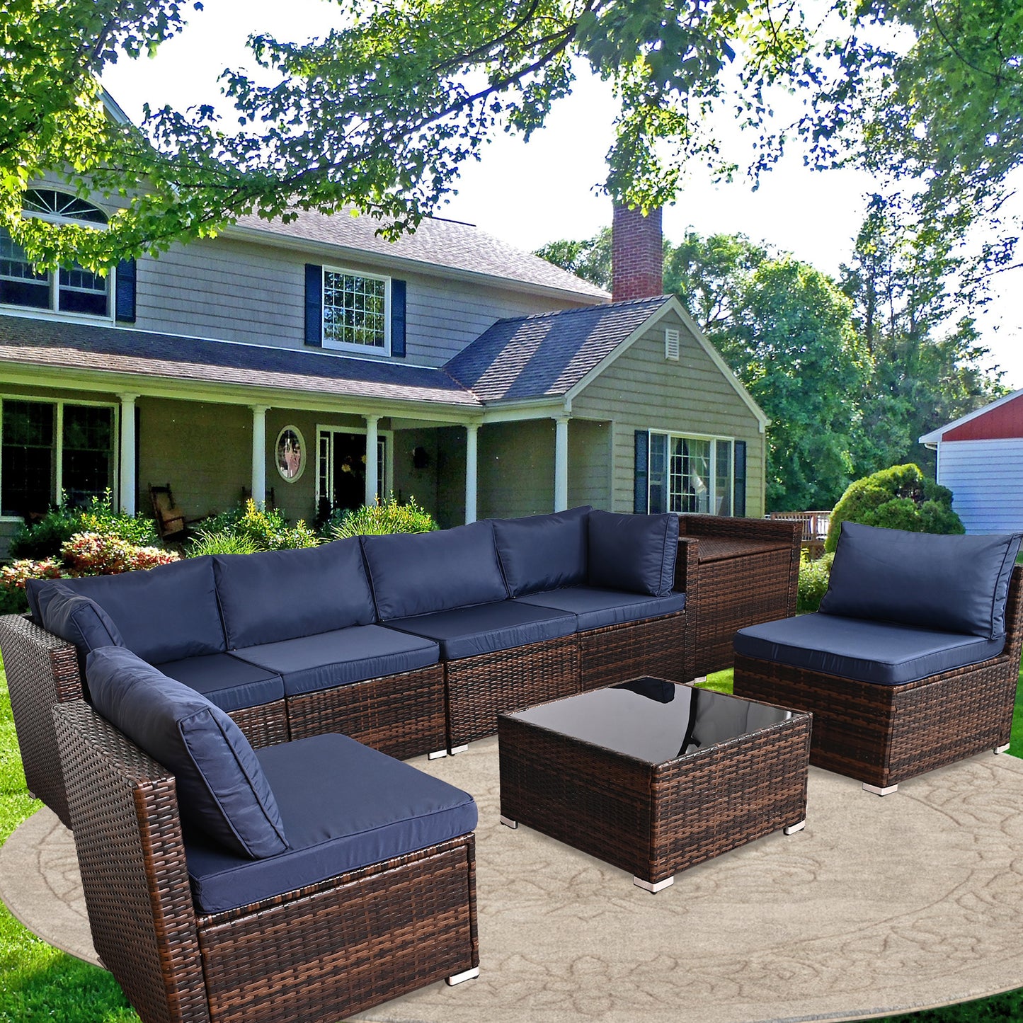 8 Pieces Outdoor Wicker Rattan Patio Furniture Sectional Set, Glass Top Table with Hidden Storage, All Weather Patio Sectional Sofa, PE Wicker Patio Furniture for Outdoor, Porch, Pools