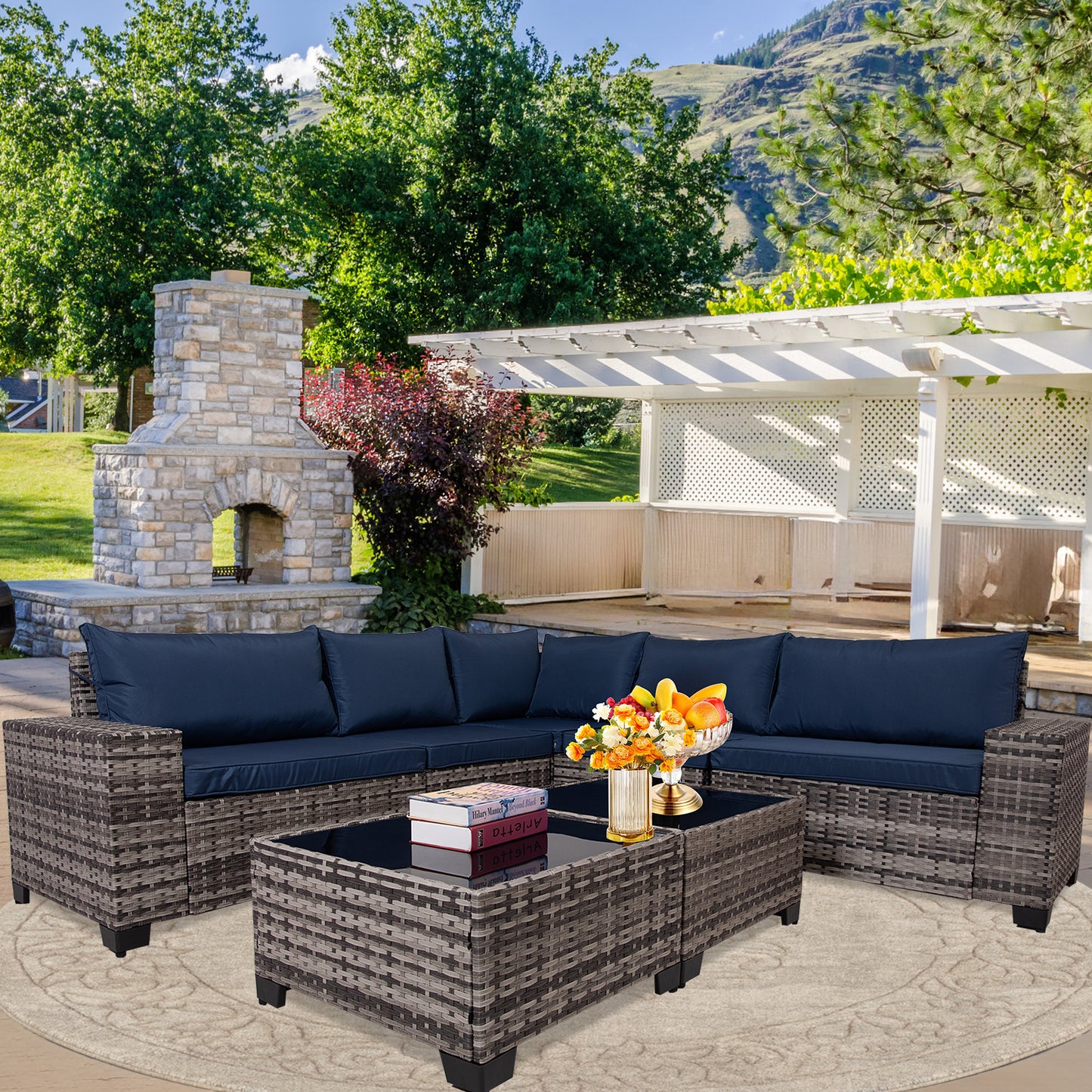 7 Pieces Outdoor Patio Sectional Sofa Couch, Black Wicker Furniture Conversation Sets with Washable Cushions & Glass Double Coffee Table for Garden, Poolside, Backyard (Gray-Blue)