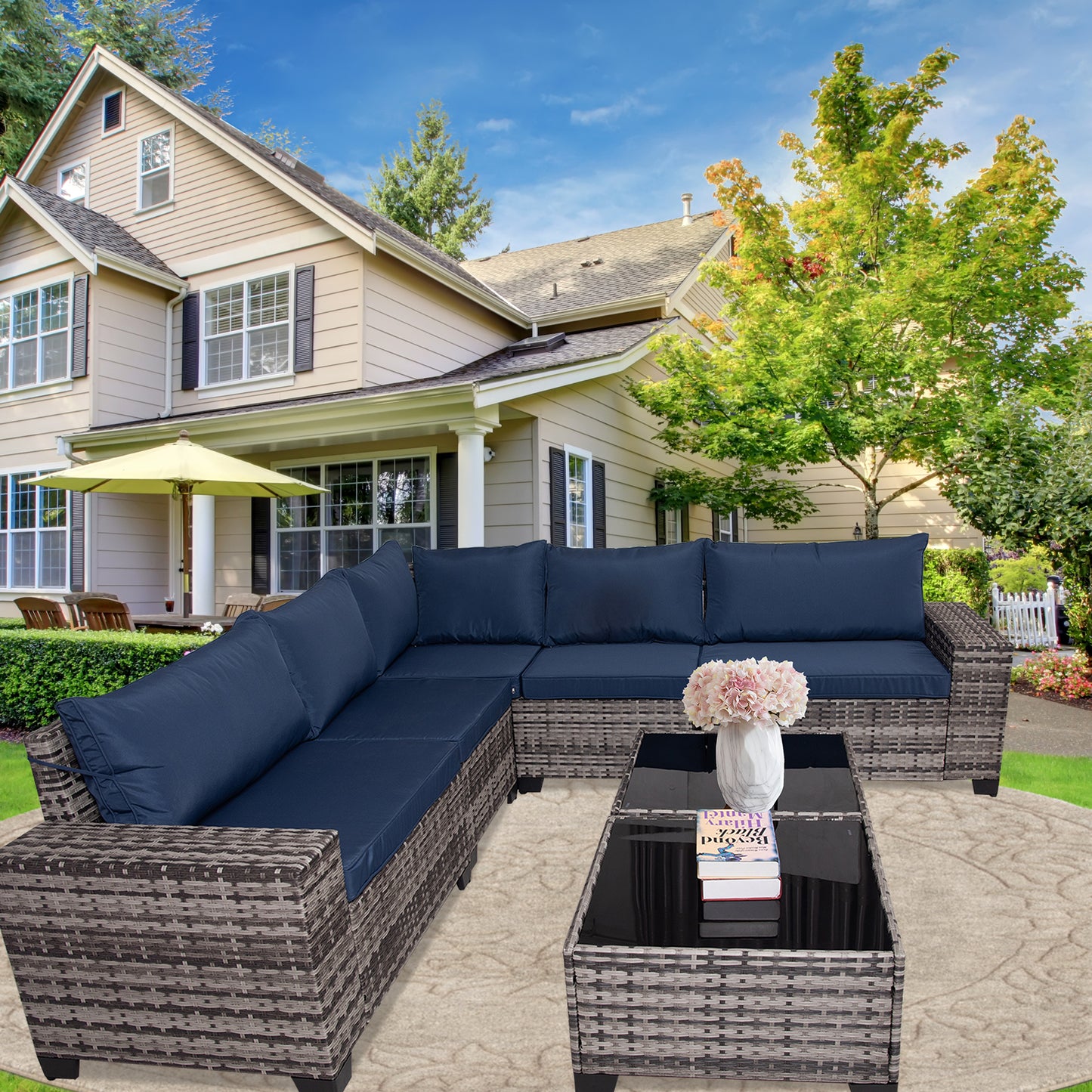 7 Pieces Outdoor Patio Sectional Sofa Couch, Black Wicker Furniture Conversation Sets with Washable Cushions & Glass Double Coffee Table for Garden, Poolside, Backyard (Gray-Blue)