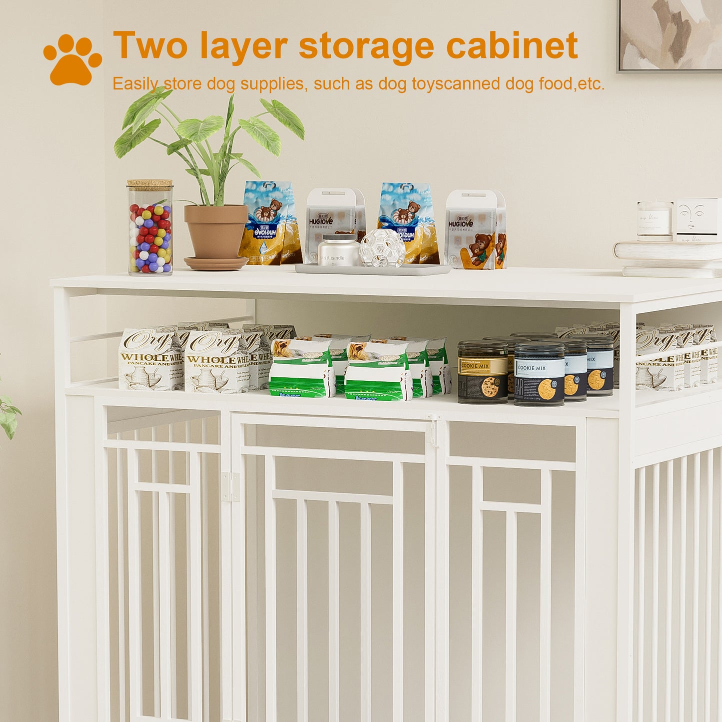 43.3 inch Dog Crate Furniture for Large Dogs Wooden Dog Crate with Divider Double Door Dog Kennel with Three Drawers Storages Heavy Duty Dogs Decorative Pet House for Large Medium Dogs White