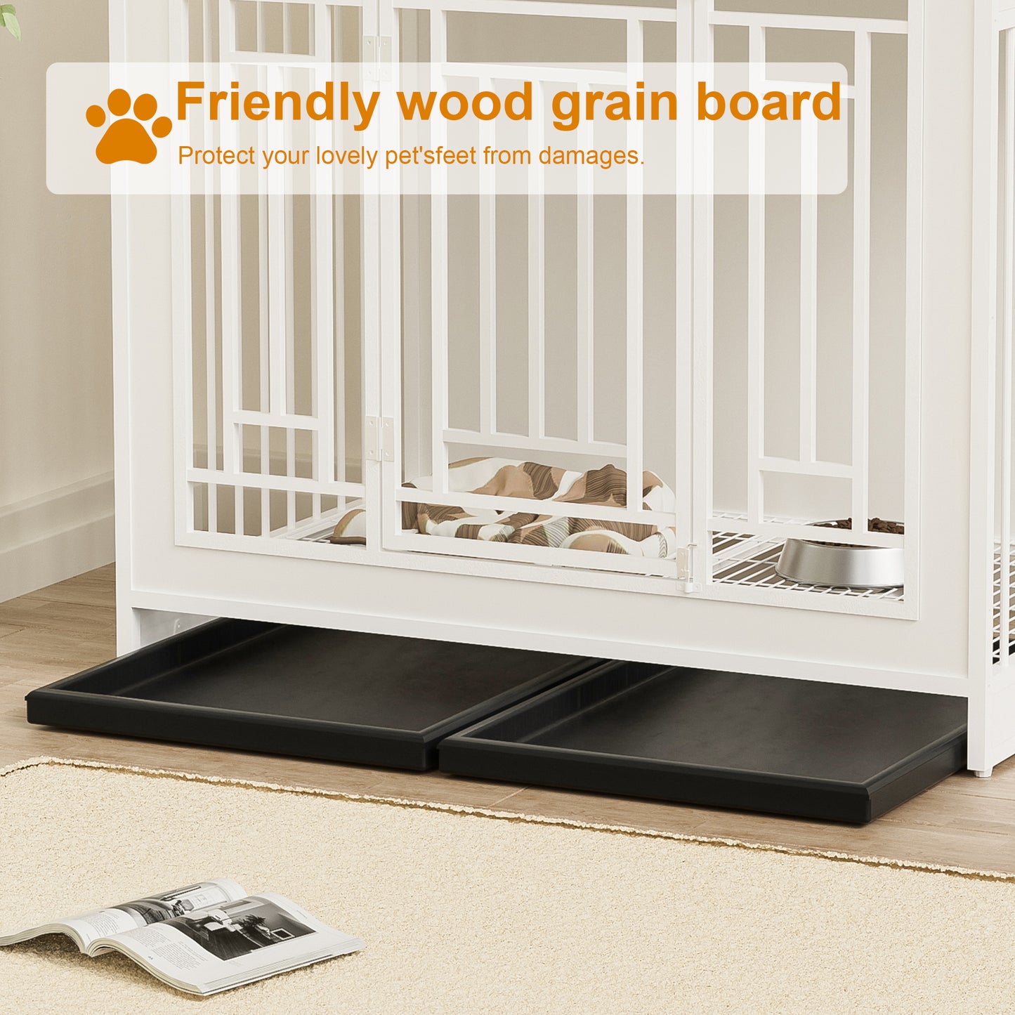 43.3 inch Dog Crate Furniture for Large Dogs Wooden Dog Crate with Divider Double Door Dog Kennel with Three Drawers Storages Heavy Duty Dogs Decorative Pet House for Large Medium Dogs White