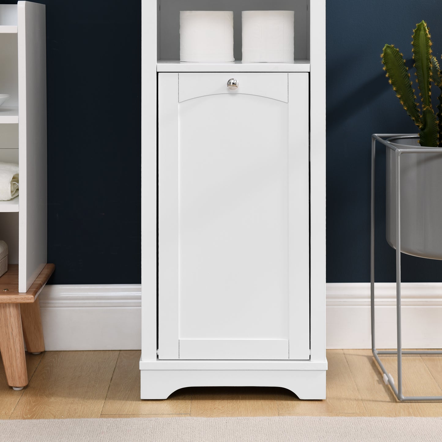64" Tall Bathroom Storage Cabinet for Small Space, Floor Standing Cabinet for Living Room Bathroom Home Office Kitchen, 4 Adjustable Shelves & Laundry Hamper, Hidden Clothes Storage Space, White