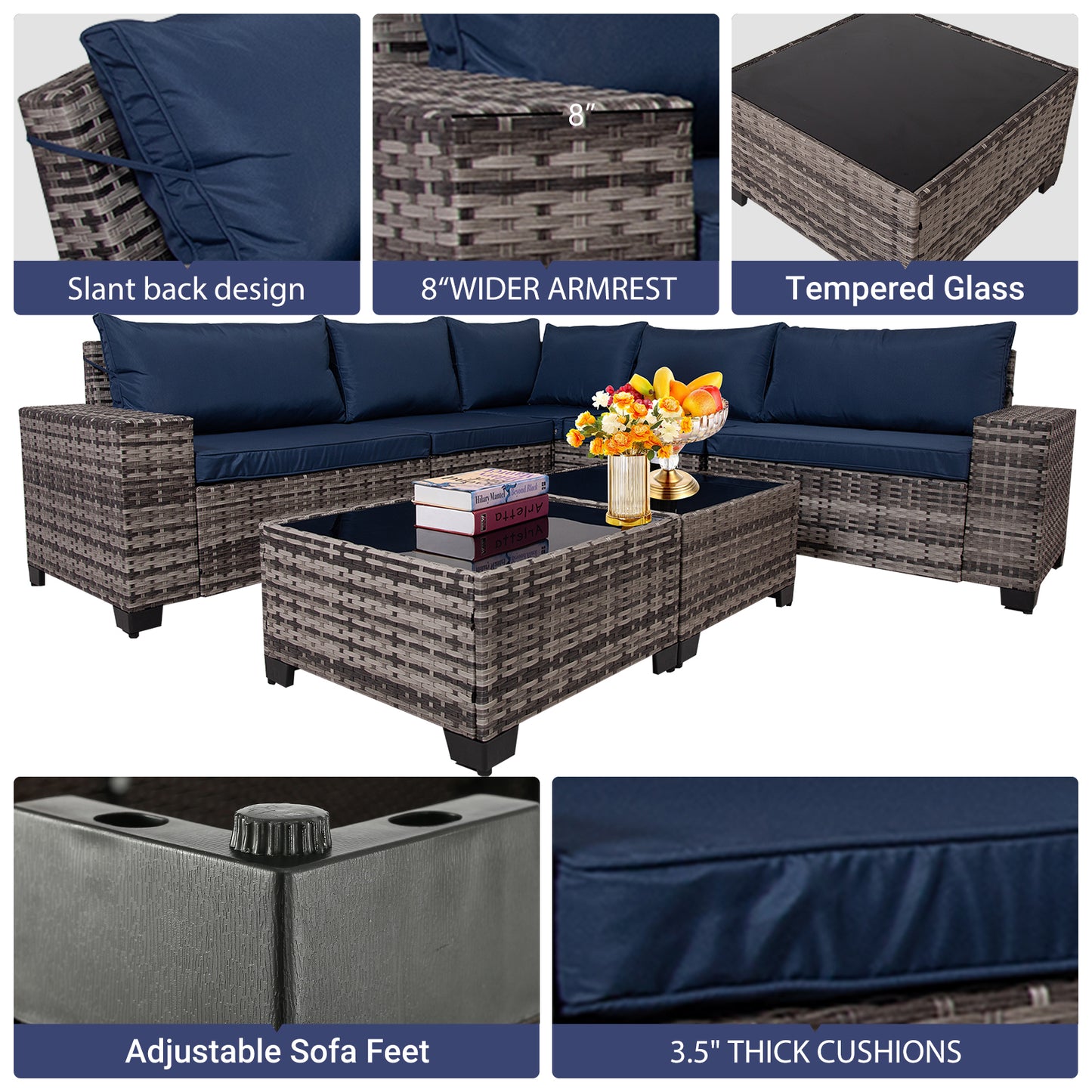 7 Pieces Outdoor Patio Sectional Sofa Couch, Black Wicker Furniture Conversation Sets with Washable Cushions & Glass Double Coffee Table for Garden, Poolside, Backyard (Gray-Blue)