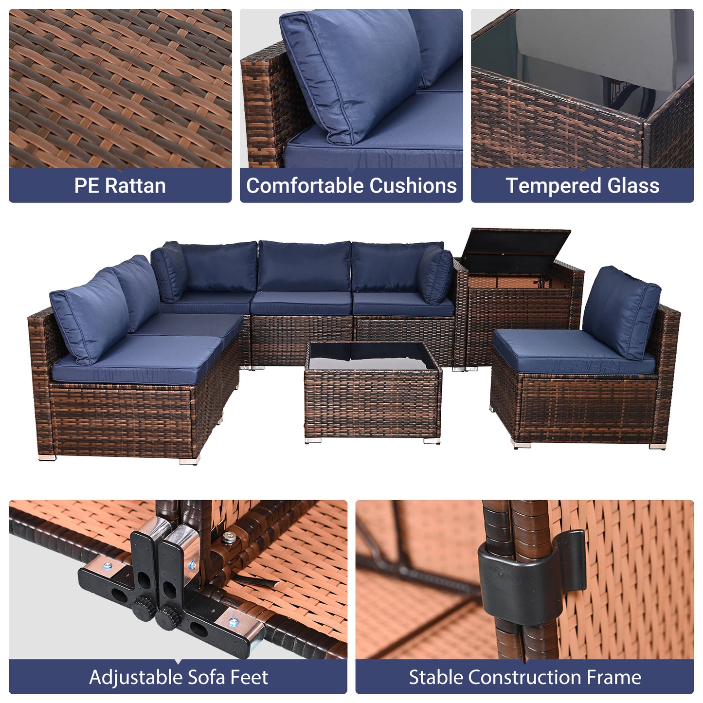 8 Pieces Outdoor Wicker Rattan Patio Furniture Sectional Set, Glass Top Table with Hidden Storage, All Weather Patio Sectional Sofa, PE Wicker Patio Furniture for Outdoor, Porch, Pools
