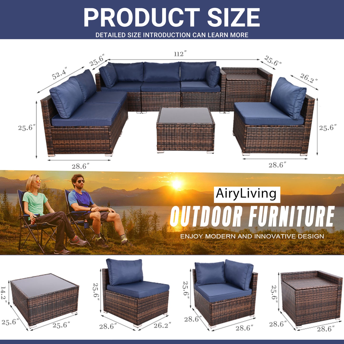 8 Pieces Outdoor Wicker Rattan Patio Furniture Sectional Set, Glass Top Table with Hidden Storage, All Weather Patio Sectional Sofa, PE Wicker Patio Furniture for Outdoor, Porch, Pools
