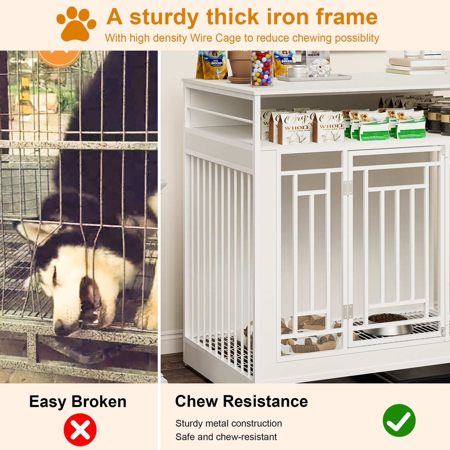 43.3 inch Dog Crate Furniture for Large Dogs Wooden Dog Crate with Divider Double Door Dog Kennel with Three Drawers Storages Heavy Duty Dogs Decorative Pet House for Large Medium Dogs White