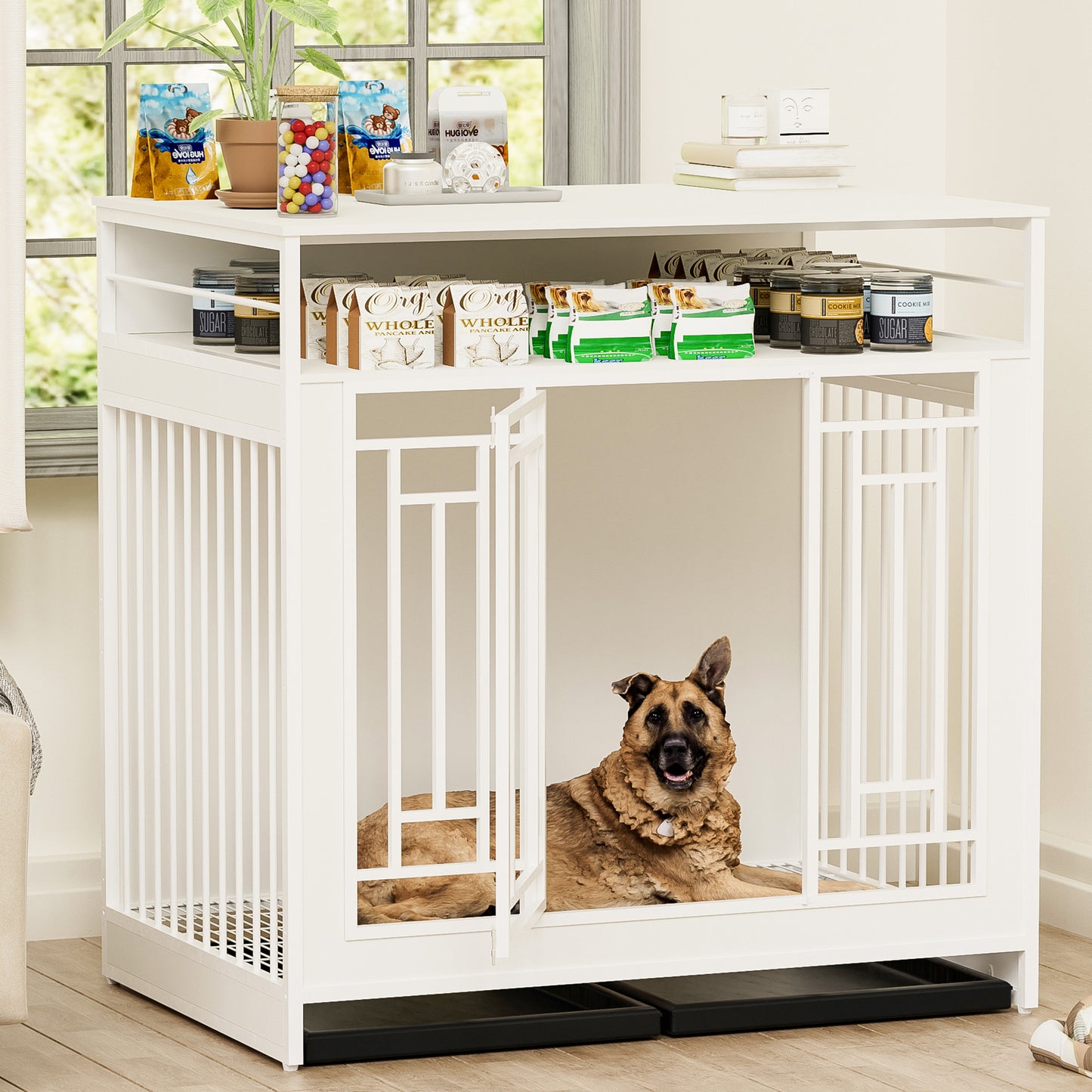 43.3 inch Dog Crate Furniture for Large Dogs Wooden Dog Crate with Divider Double Door Dog Kennel with Three Drawers Storages Heavy Duty Dogs Decorative Pet House for Large Medium Dogs White
