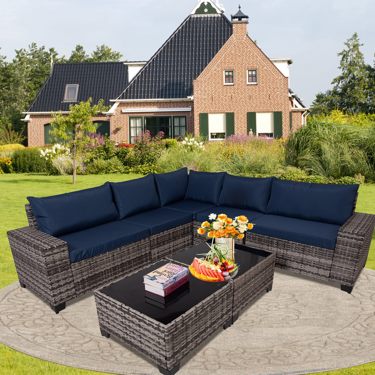 7 Pieces Outdoor Patio Sectional Sofa Couch, Black Wicker Furniture Conversation Sets with Washable Cushions & Glass Double Coffee Table for Garden, Poolside, Backyard (Gray-Blue)