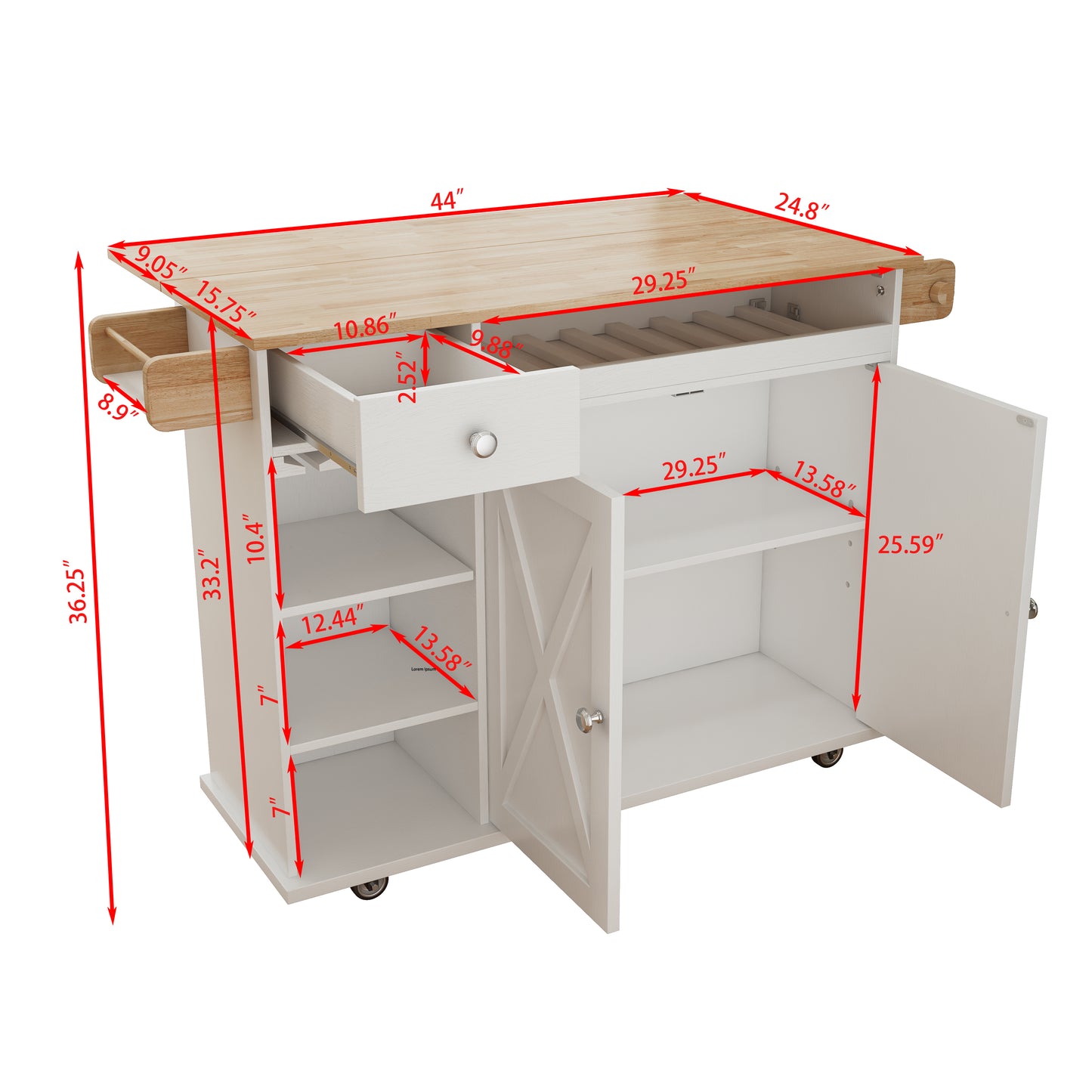 44 Inch Kitchen Island Cart with Solid Wood Top, Wine Storage, Spice Rack, Towel Rack, Wine Glass Holder, Rolling Kitchen Island Table on Wheels, Tool-Free Installation, White & Oak