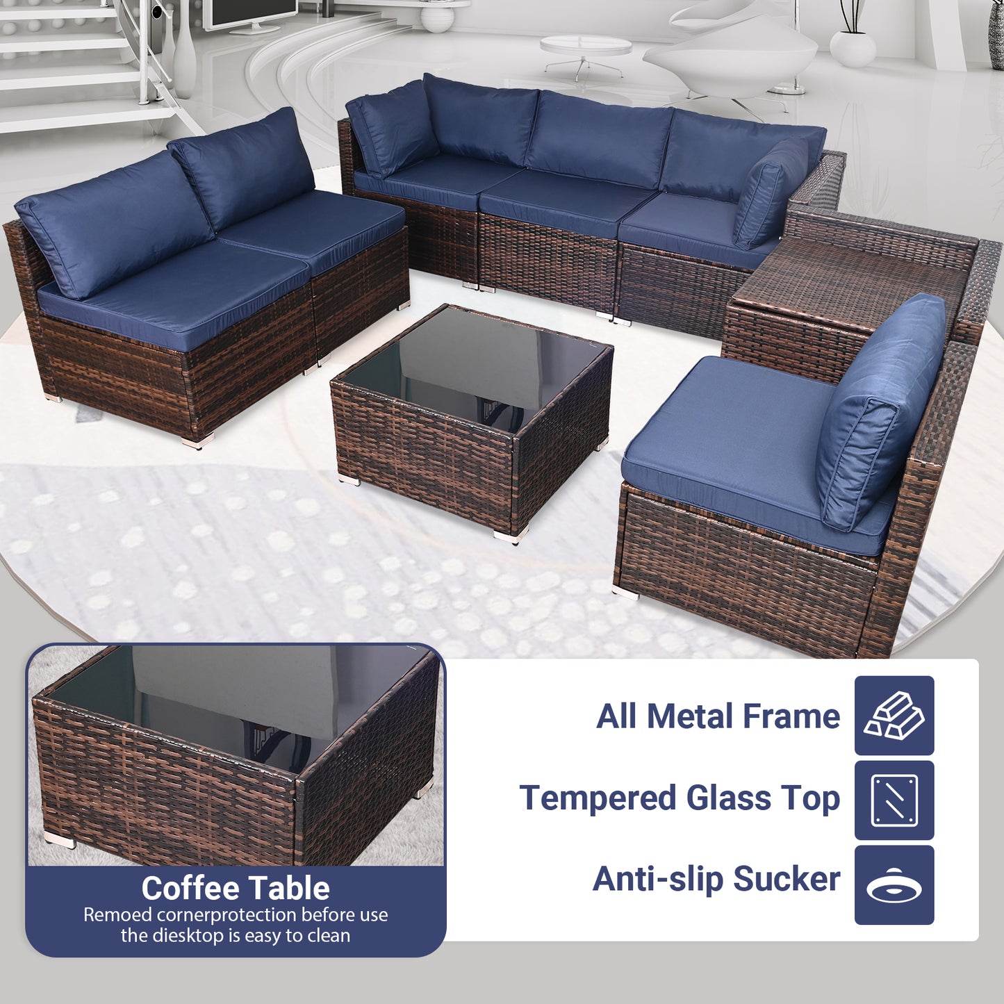 8 Pieces Outdoor Wicker Rattan Patio Furniture Sectional Set, Glass Top Table with Hidden Storage, All Weather Patio Sectional Sofa, PE Wicker Patio Furniture for Outdoor, Porch, Pools