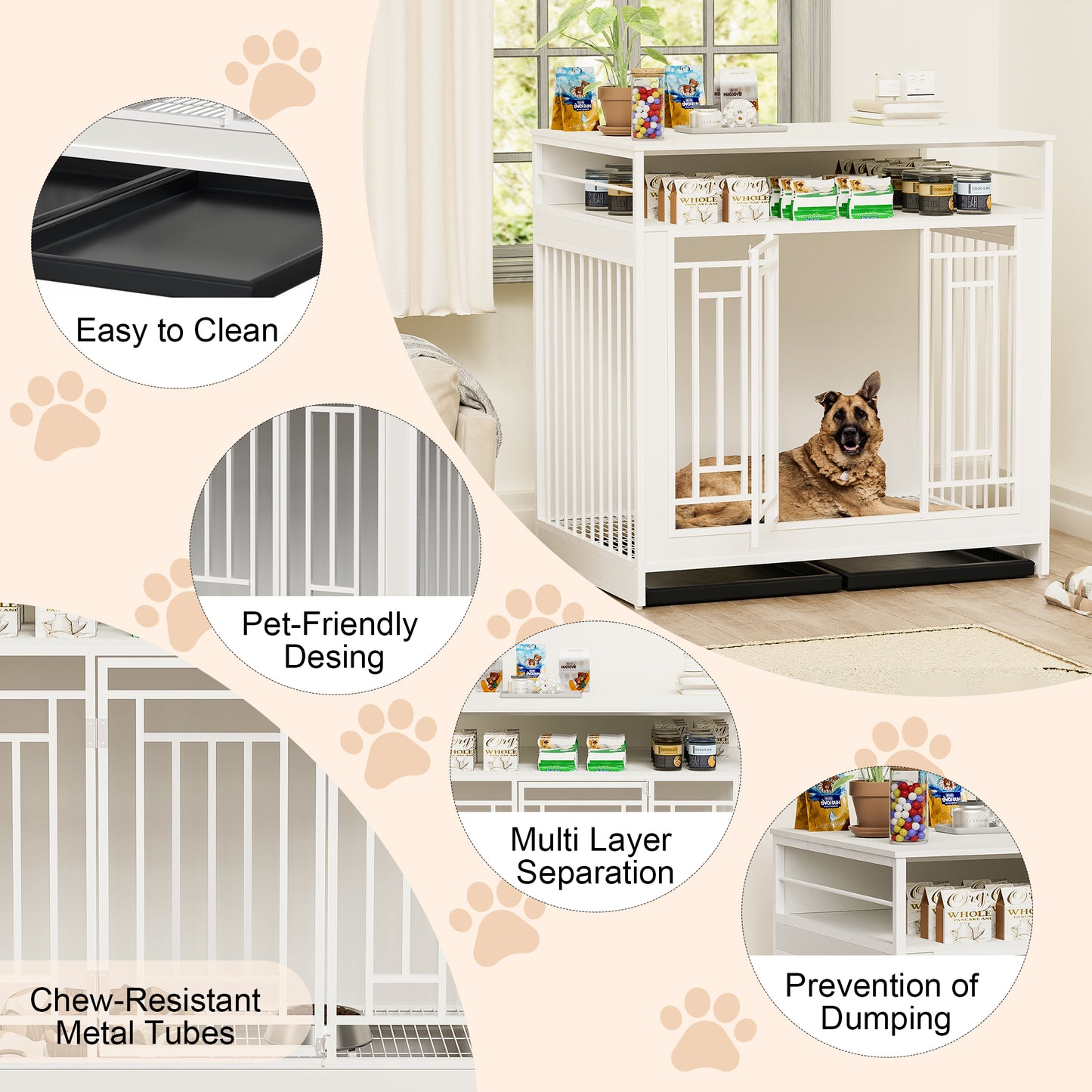 43.3 inch Dog Crate Furniture for Large Dogs Wooden Dog Crate with Divider Double Door Dog Kennel with Three Drawers Storages Heavy Duty Dogs Decorative Pet House for Large Medium Dogs White