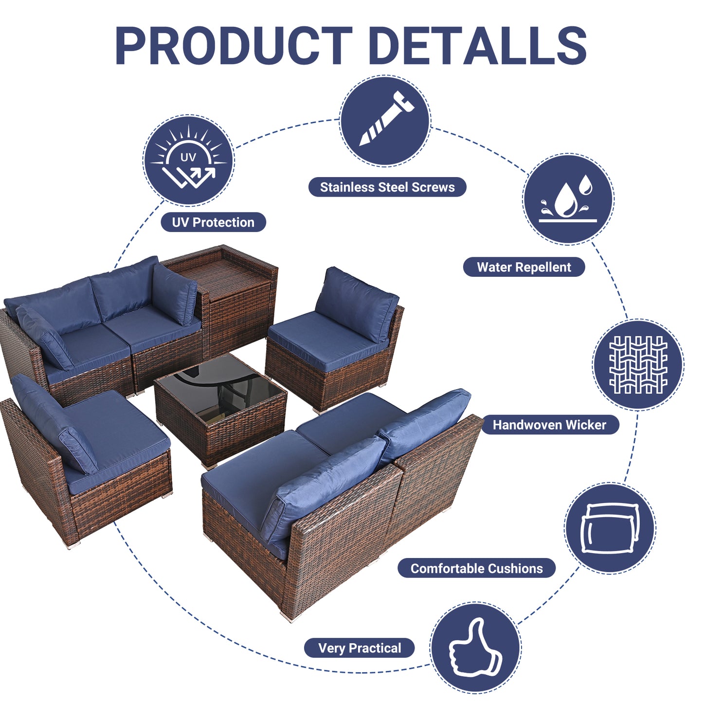 8 Pieces Outdoor Wicker Rattan Patio Furniture Sectional Set, Glass Top Table with Hidden Storage, All Weather Patio Sectional Sofa, PE Wicker Patio Furniture for Outdoor, Porch, Pools