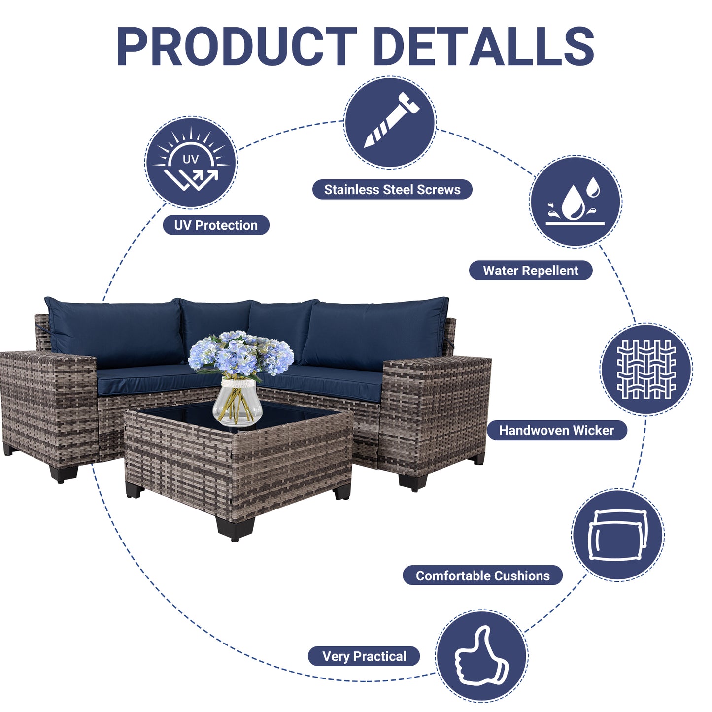 7 Pieces Outdoor Patio Sectional Sofa Couch, Black Wicker Furniture Conversation Sets with Washable Cushions & Glass Double Coffee Table for Garden, Poolside, Backyard (Gray-Blue)