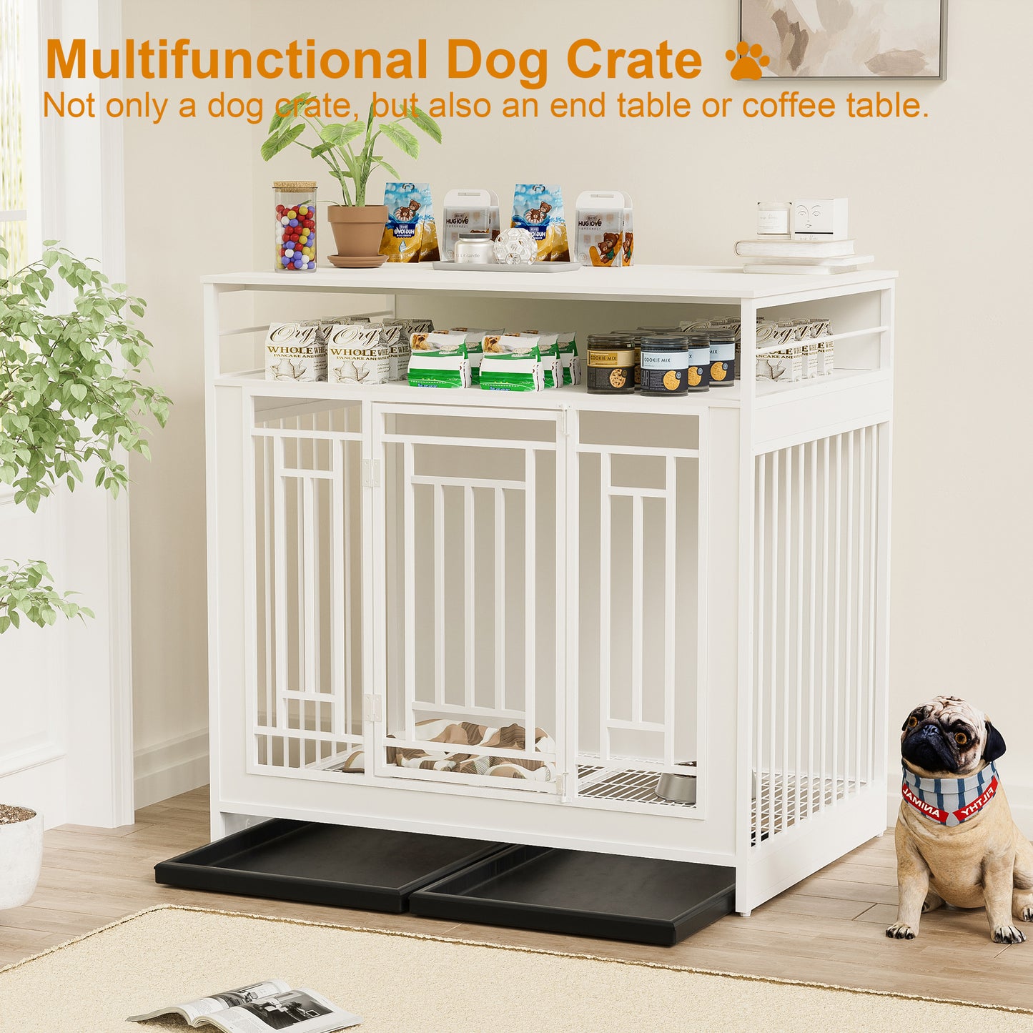 43.3 inch Dog Crate Furniture for Large Dogs Wooden Dog Crate with Divider Double Door Dog Kennel with Three Drawers Storages Heavy Duty Dogs Decorative Pet House for Large Medium Dogs White