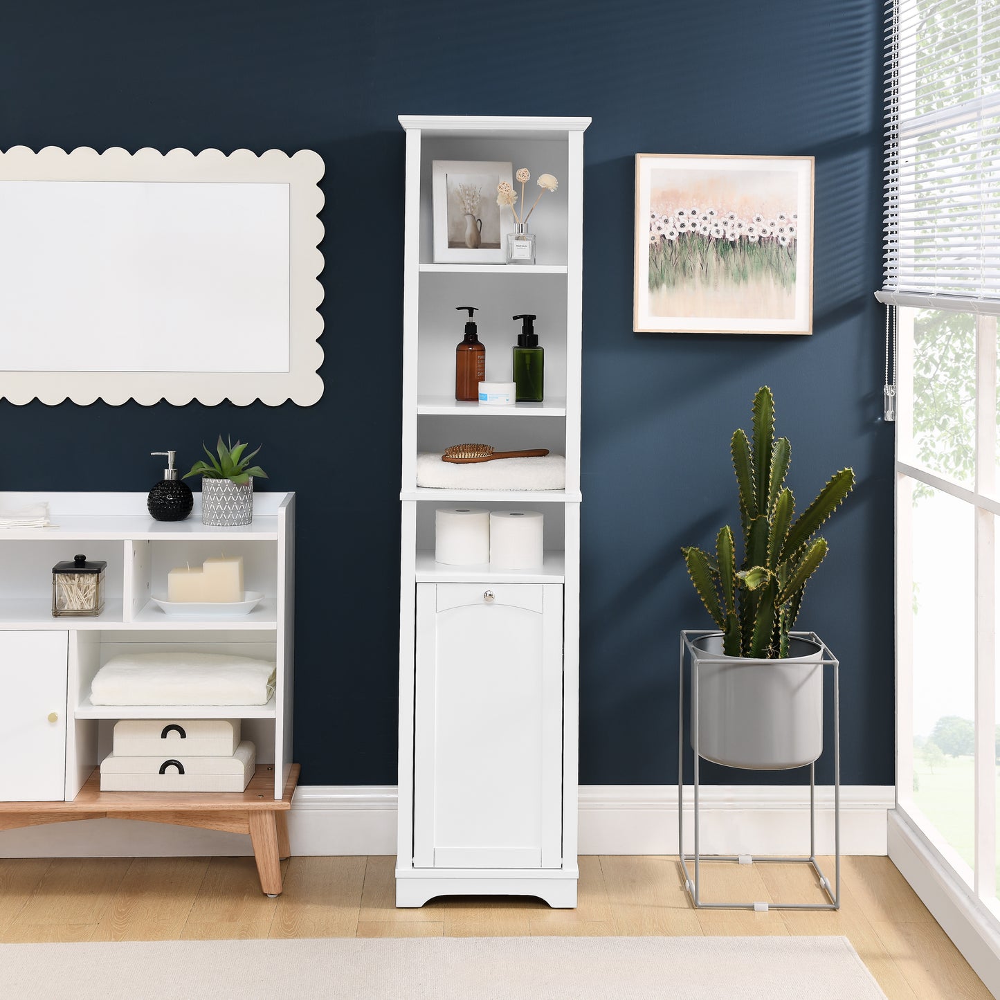 64" Tall Bathroom Storage Cabinet for Small Space, Floor Standing Cabinet for Living Room Bathroom Home Office Kitchen, 4 Adjustable Shelves & Laundry Hamper, Hidden Clothes Storage Space, White