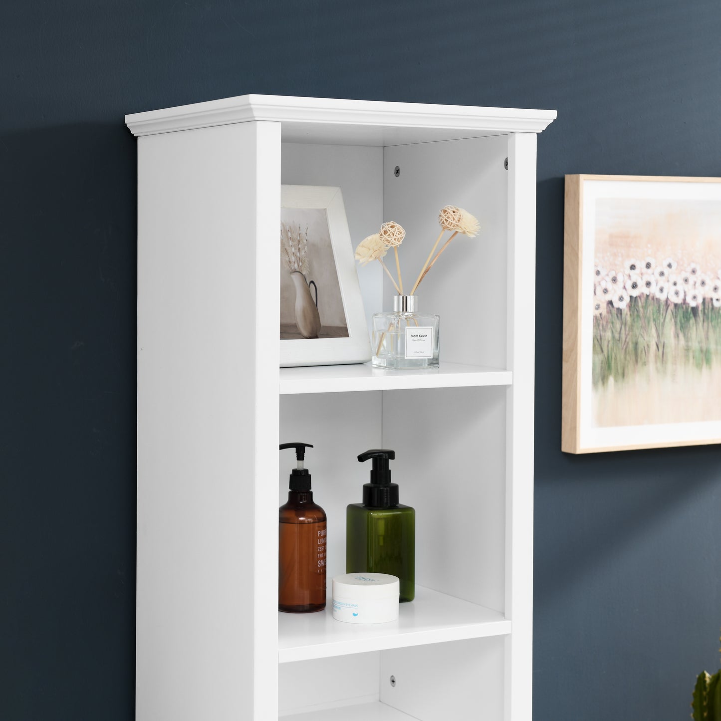 64" Tall Bathroom Storage Cabinet for Small Space, Floor Standing Cabinet for Living Room Bathroom Home Office Kitchen, 4 Adjustable Shelves & Laundry Hamper, Hidden Clothes Storage Space, White