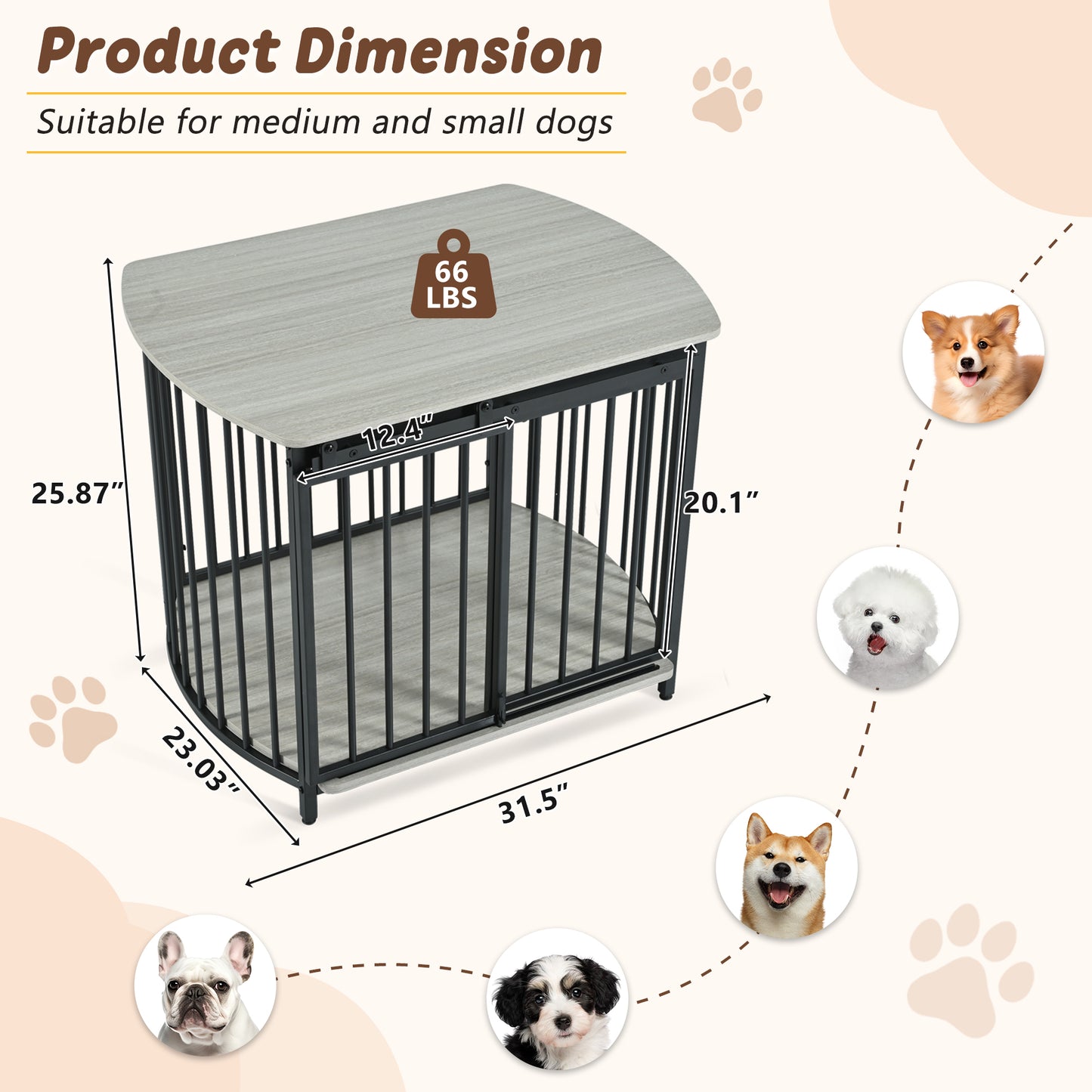 31.5" Furniture Style Dog Crate for Small and Medium Dogs, Wooden Cage Indoor Kennel Furniture, Modern Dog Crate End Table with Double-Doors, Gray