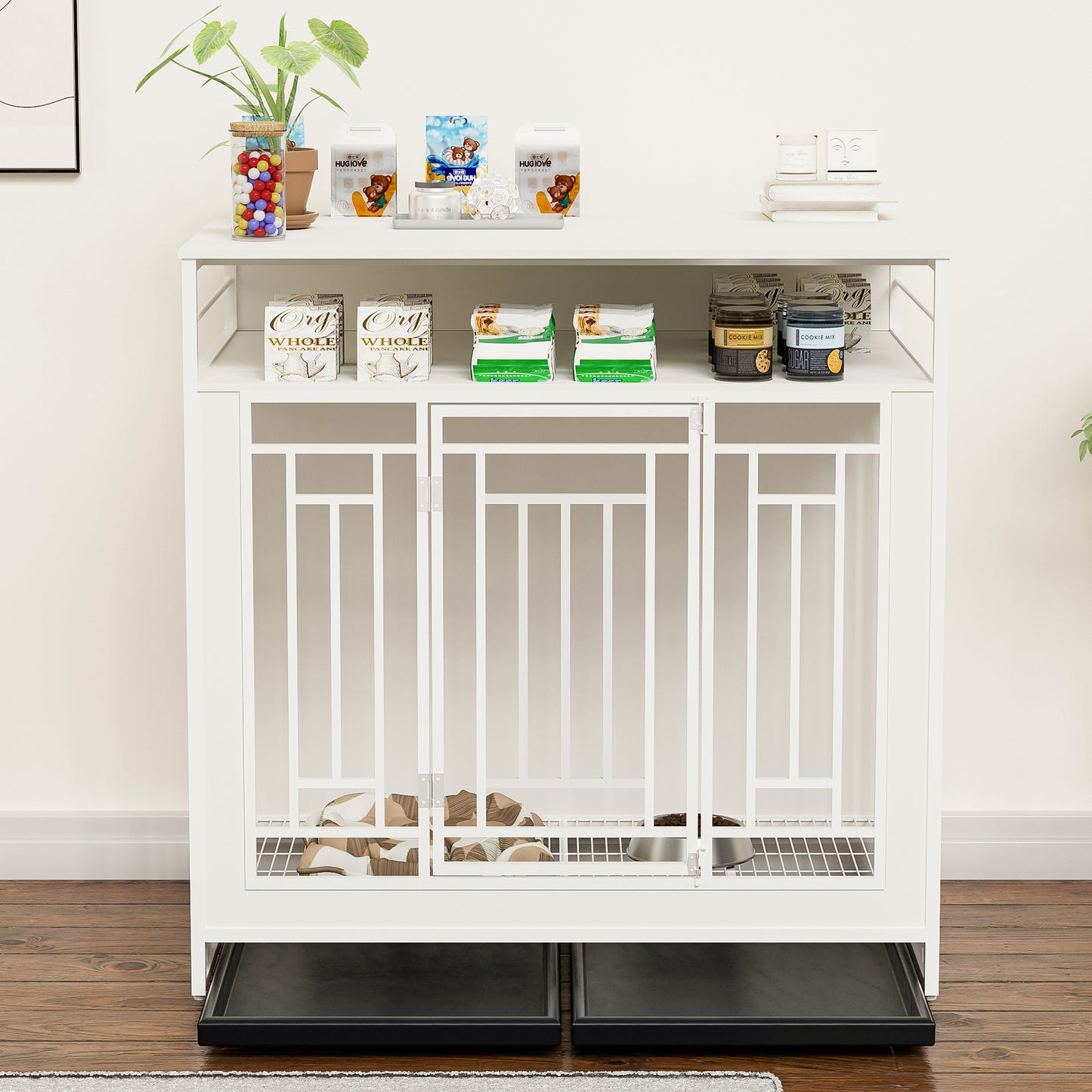 43.3 inch Dog Crate Furniture for Large Dogs Wooden Dog Crate with Divider Double Door Dog Kennel with Three Drawers Storages Heavy Duty Dogs Decorative Pet House for Large Medium Dogs White