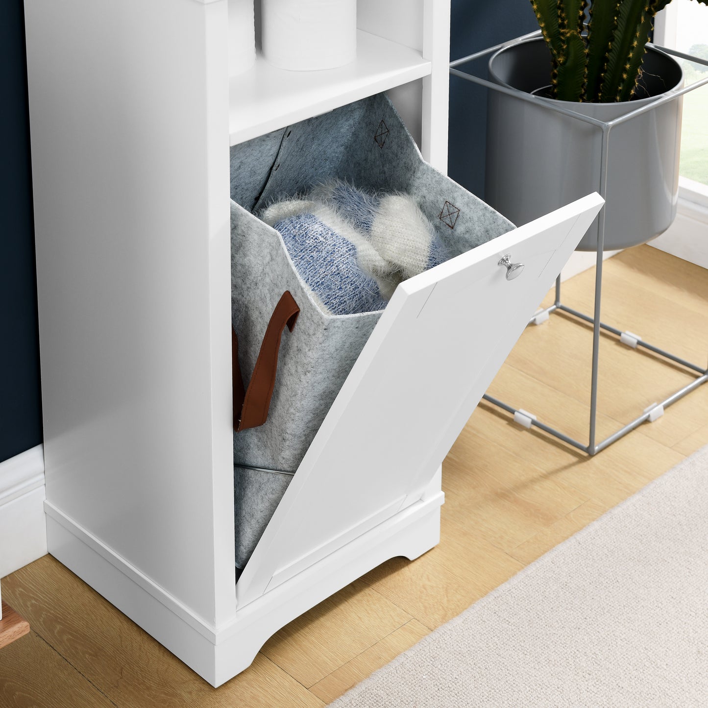 64" Tall Bathroom Storage Cabinet for Small Space, Floor Standing Cabinet for Living Room Bathroom Home Office Kitchen, 4 Adjustable Shelves & Laundry Hamper, Hidden Clothes Storage Space, White