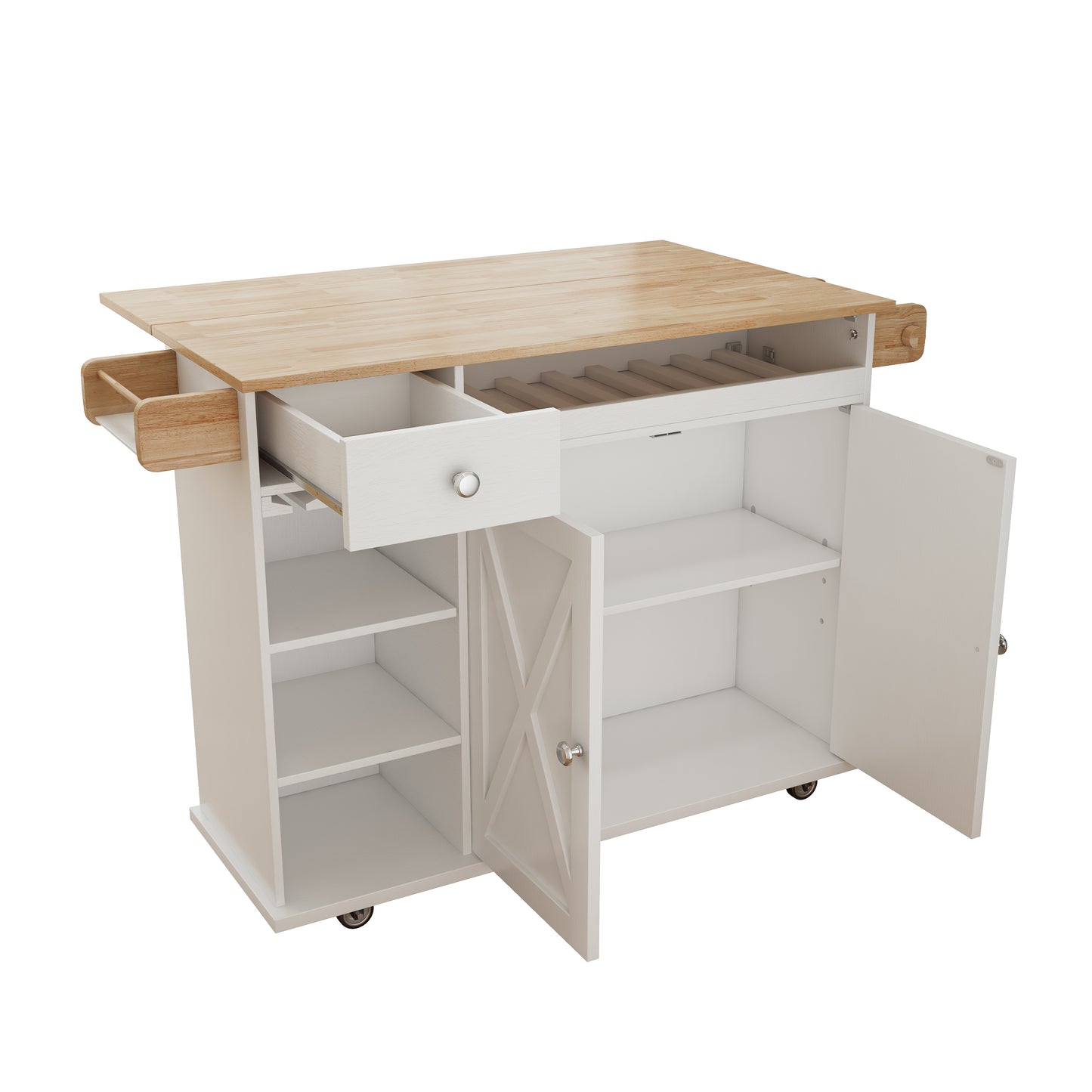 44 Inch Kitchen Island Cart with Solid Wood Top, Wine Storage, Spice Rack, Towel Rack, Wine Glass Holder, Rolling Kitchen Island Table on Wheels, Tool-Free Installation, White & Oak